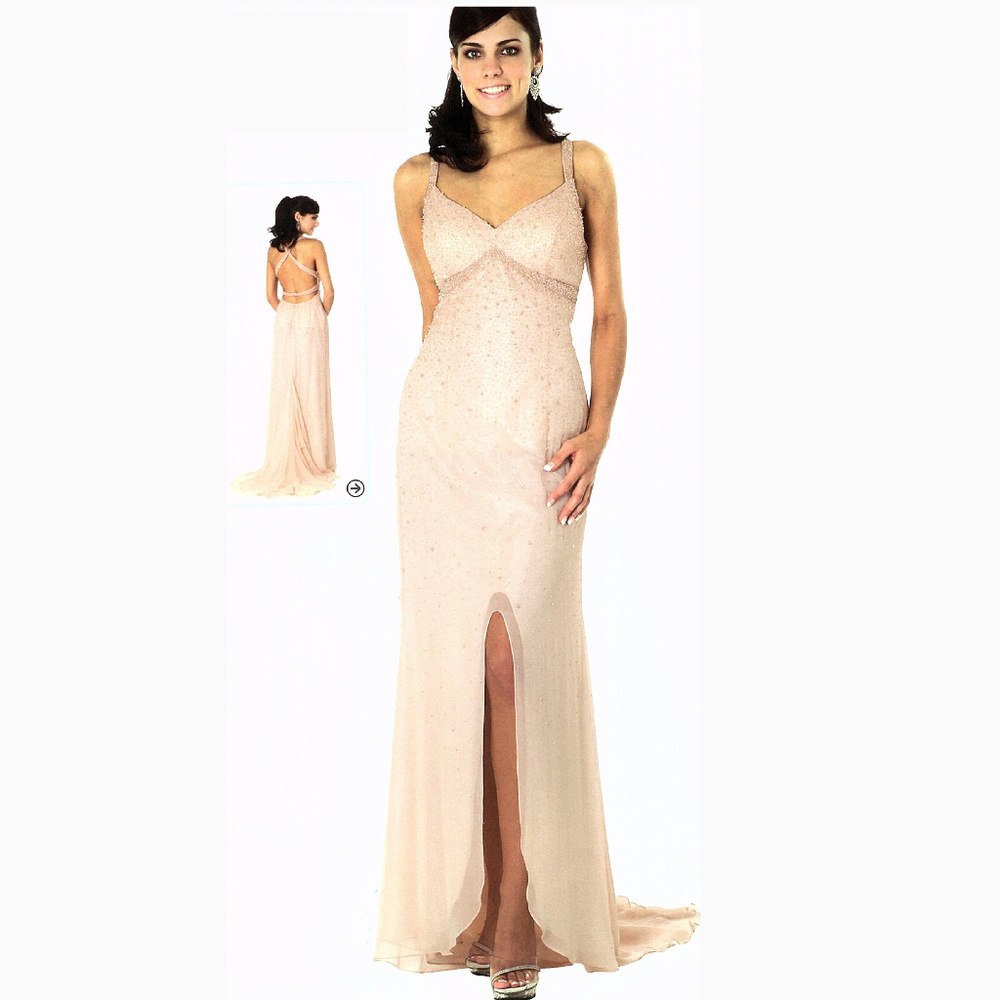 NWT Chiffon Beaded Nude dress Open Back, Slit Leg